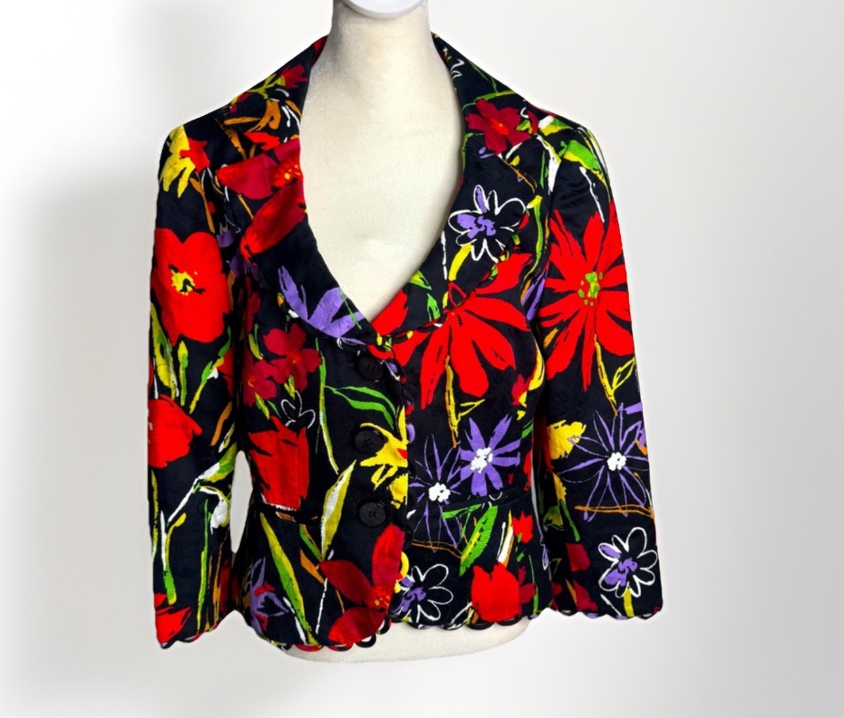 Carlisle, Vintage Black Floral Blazer, Short Scalloped Hem | Size 8